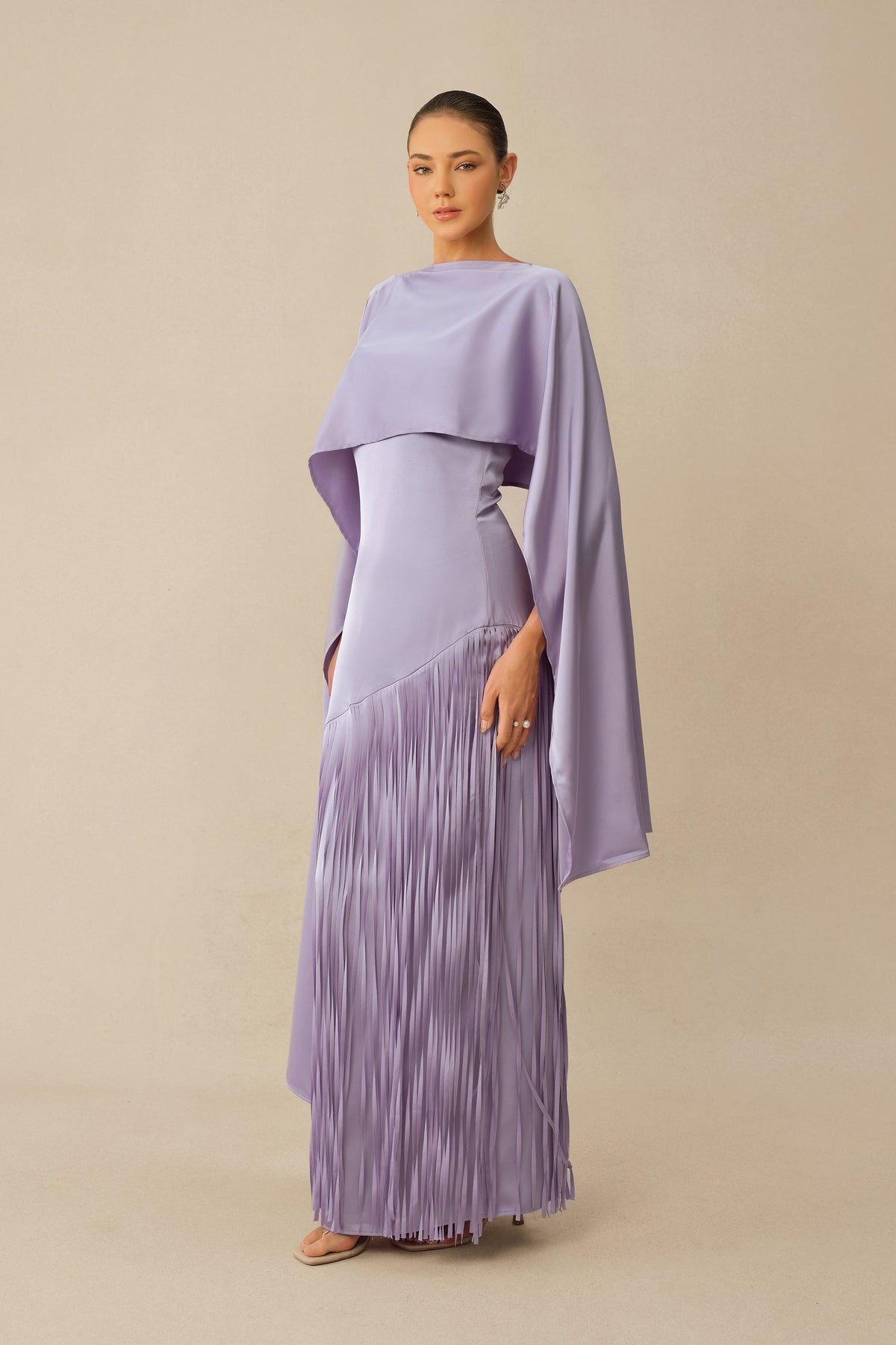 Purple Satin Fringe Sleeveless Formal Cape & Maxi Dress Set