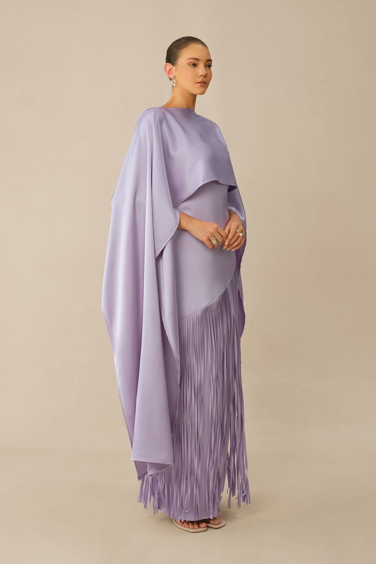 Purple Satin Fringe Sleeveless Formal Cape & Maxi Dress Set