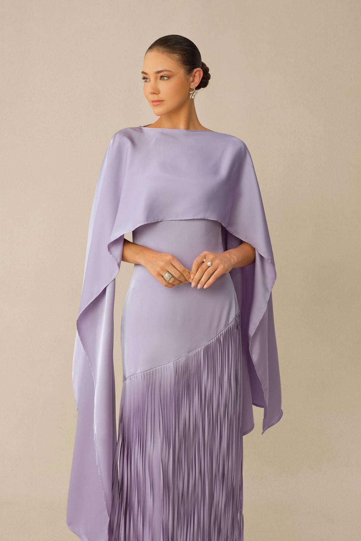 Purple Satin Fringe Sleeveless Formal Cape & Maxi Dress Set