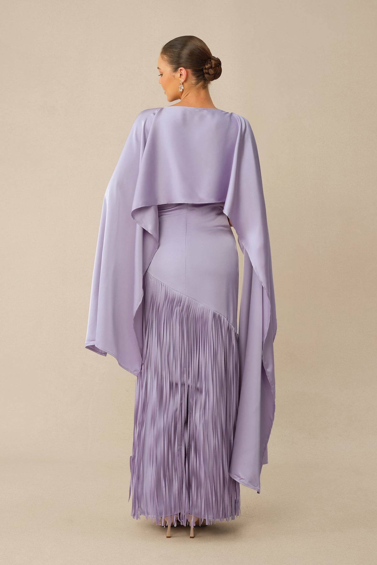 Purple Satin Fringe Sleeveless Formal Cape & Maxi Dress Set