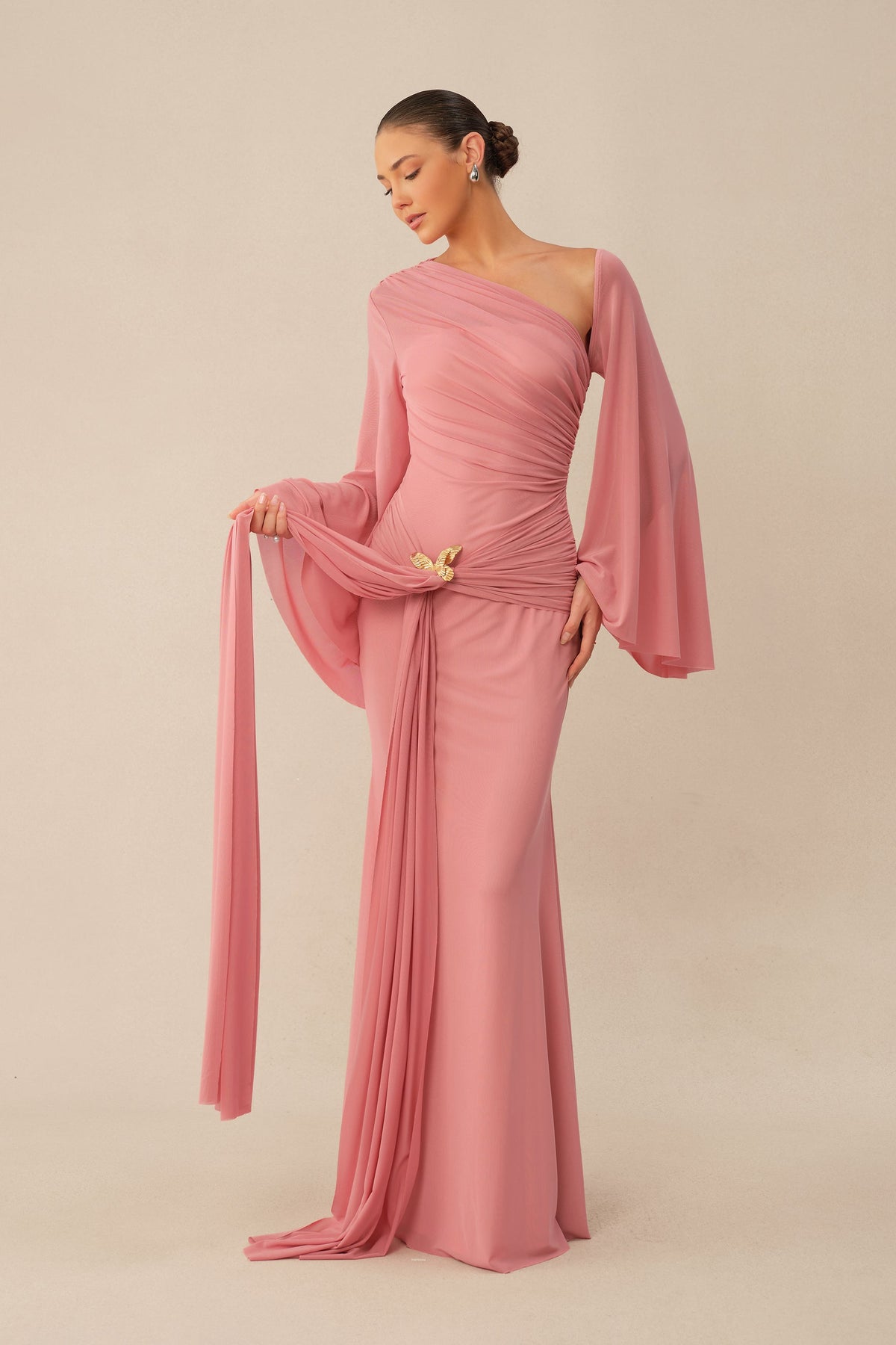 Pink One Shoulder Mermaid Ruched Waist Metal Butterfly Buckle Maxi Dress