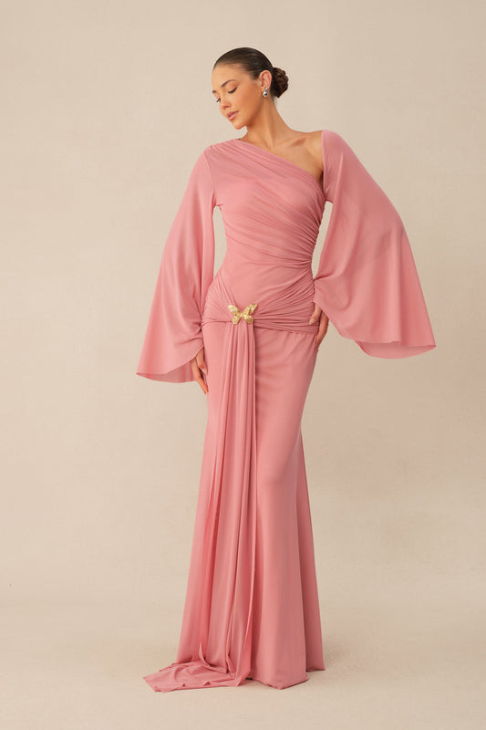 Pink One Shoulder Mermaid Ruched Waist Metal Butterfly Buckle Maxi Dress