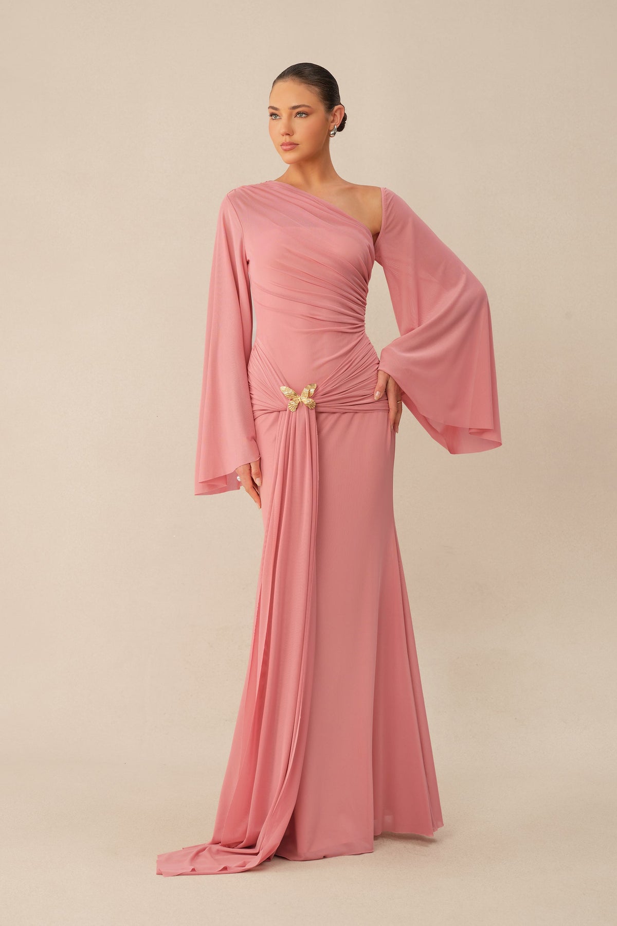 Pink One Shoulder Mermaid Ruched Waist Metal Butterfly Buckle Maxi Dress