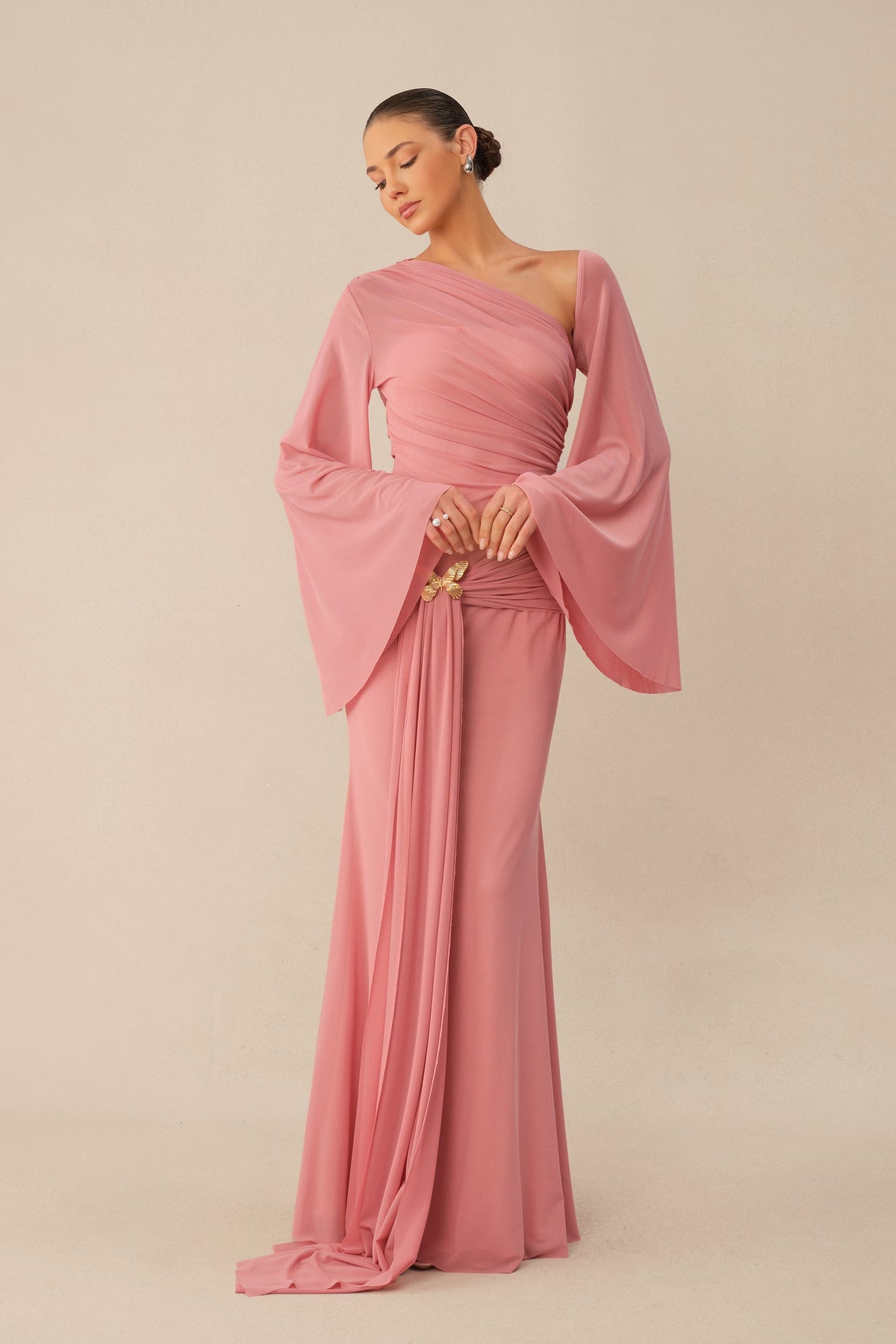 Pink One Shoulder Mermaid Ruched Waist Metal Butterfly Buckle Maxi Dress