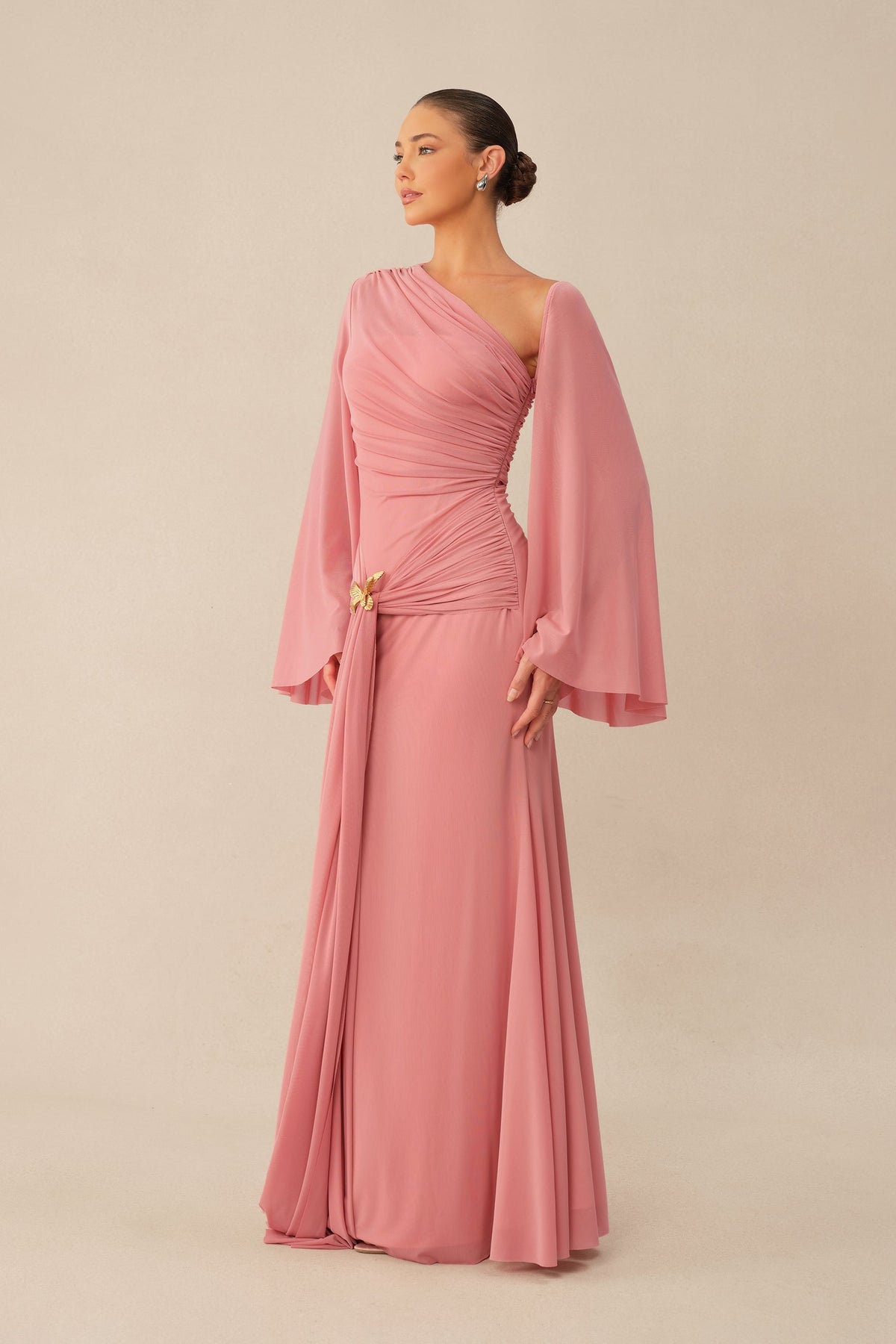 Pink One Shoulder Mermaid Ruched Waist Metal Butterfly Buckle Maxi Dress