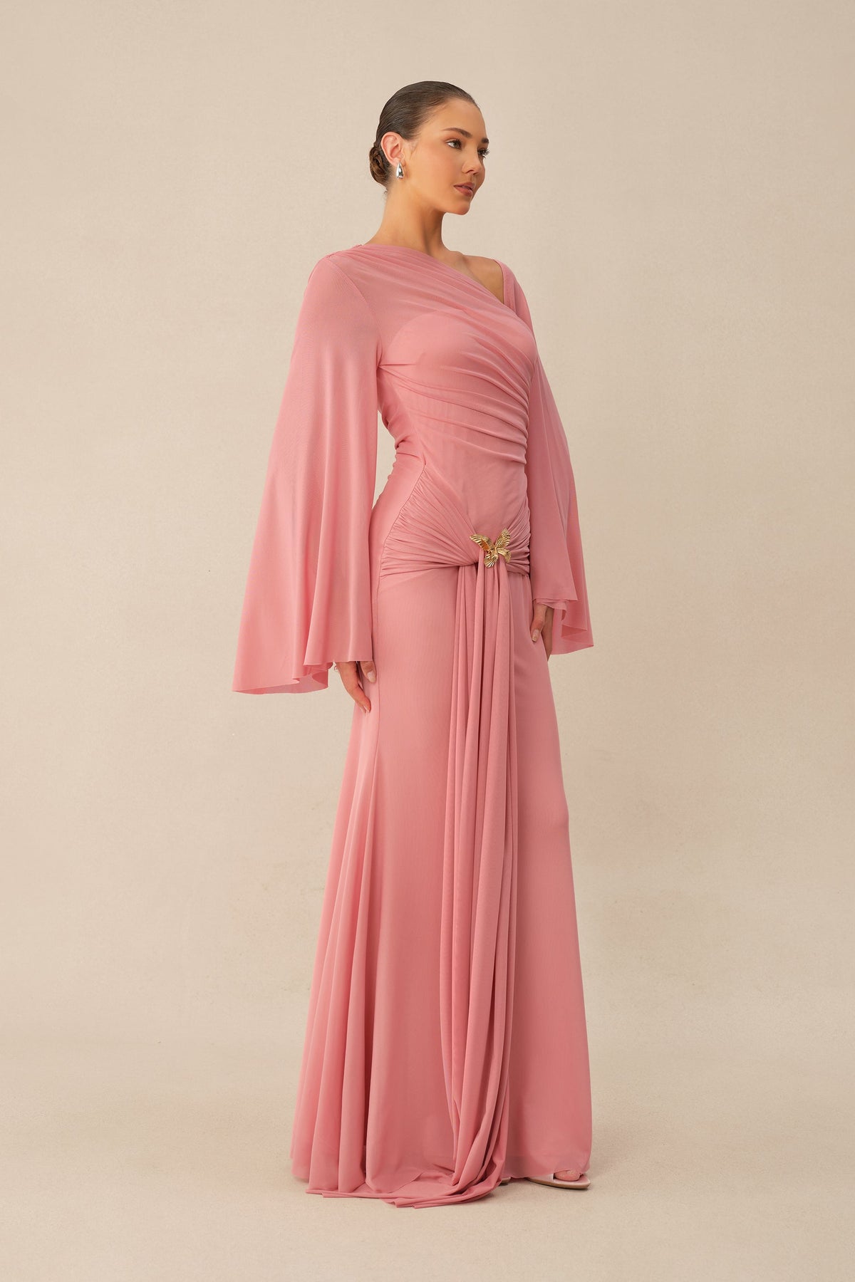 Pink One Shoulder Mermaid Ruched Waist Metal Butterfly Buckle Maxi Dress