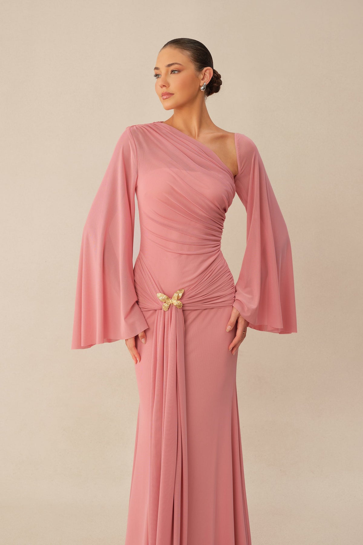 Pink One Shoulder Mermaid Ruched Waist Metal Butterfly Buckle Maxi Dress