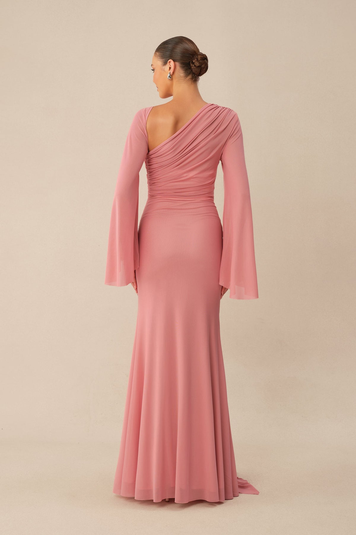 Pink One Shoulder Mermaid Ruched Waist Metal Butterfly Buckle Maxi Dress