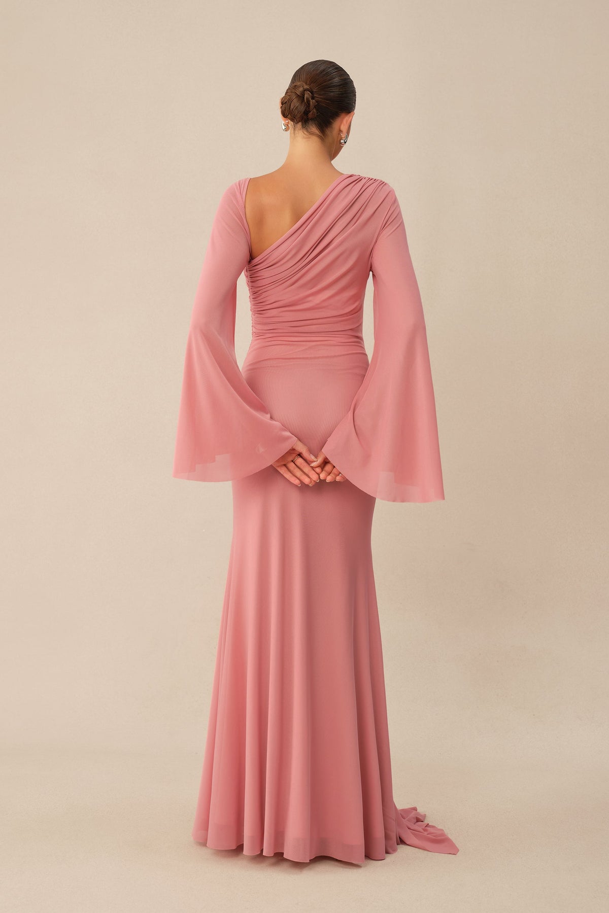 Pink One Shoulder Mermaid Ruched Waist Metal Butterfly Buckle Maxi Dress