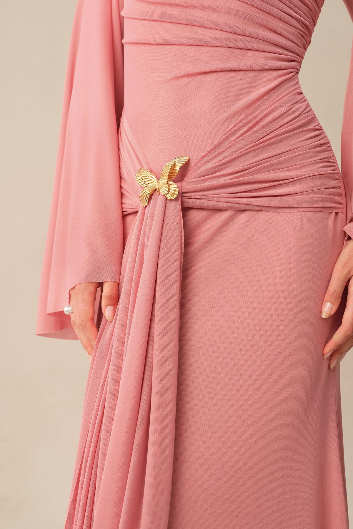 Pink One Shoulder Mermaid Ruched Waist Metal Butterfly Buckle Maxi Dress