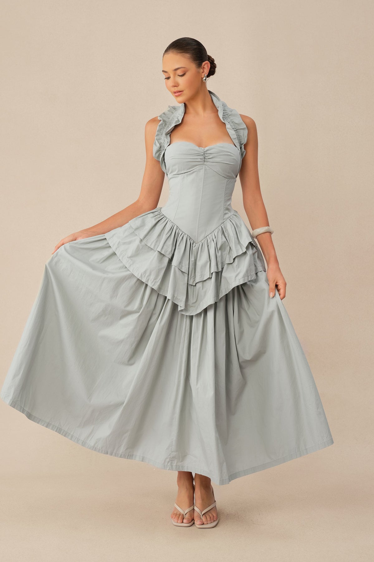 Blue Halter-Neck Tiered Ruffle Peplum Pleated Evening Midi Dress