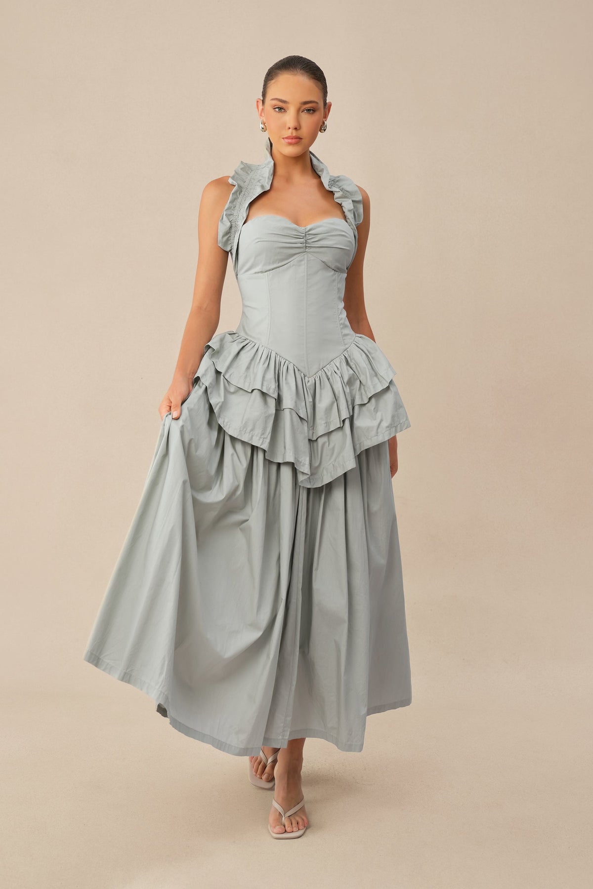 Blue Halter-Neck Tiered Ruffle Peplum Pleated Evening Midi Dress