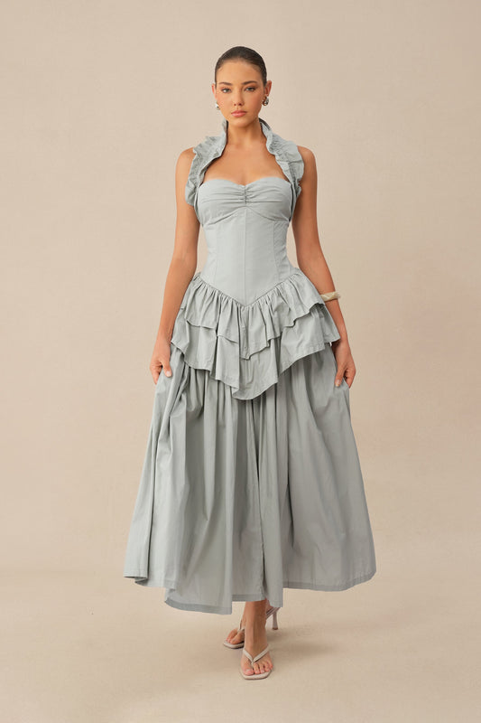 Blue Halter-Neck Tiered Ruffle Peplum Pleated Evening Midi Dress