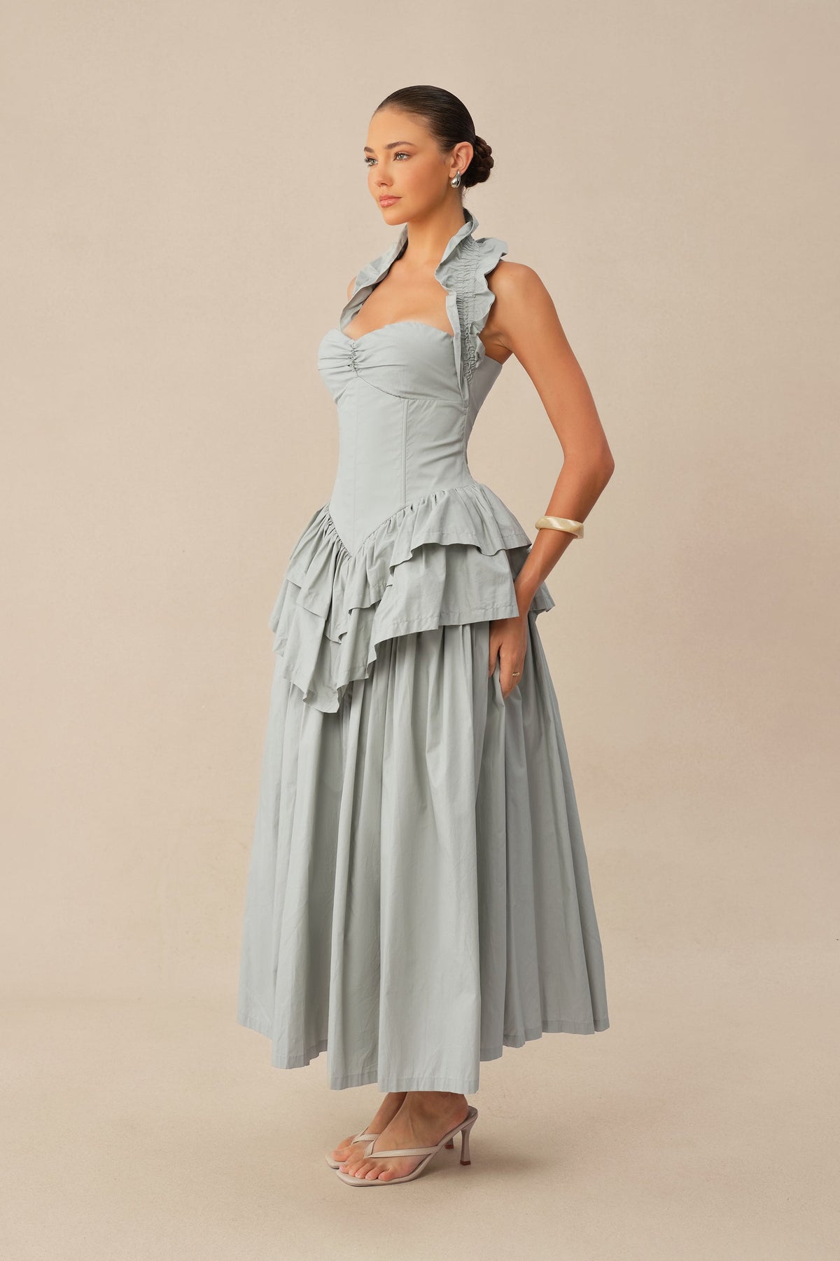 Blue Halter-Neck Tiered Ruffle Peplum Pleated Evening Midi Dress