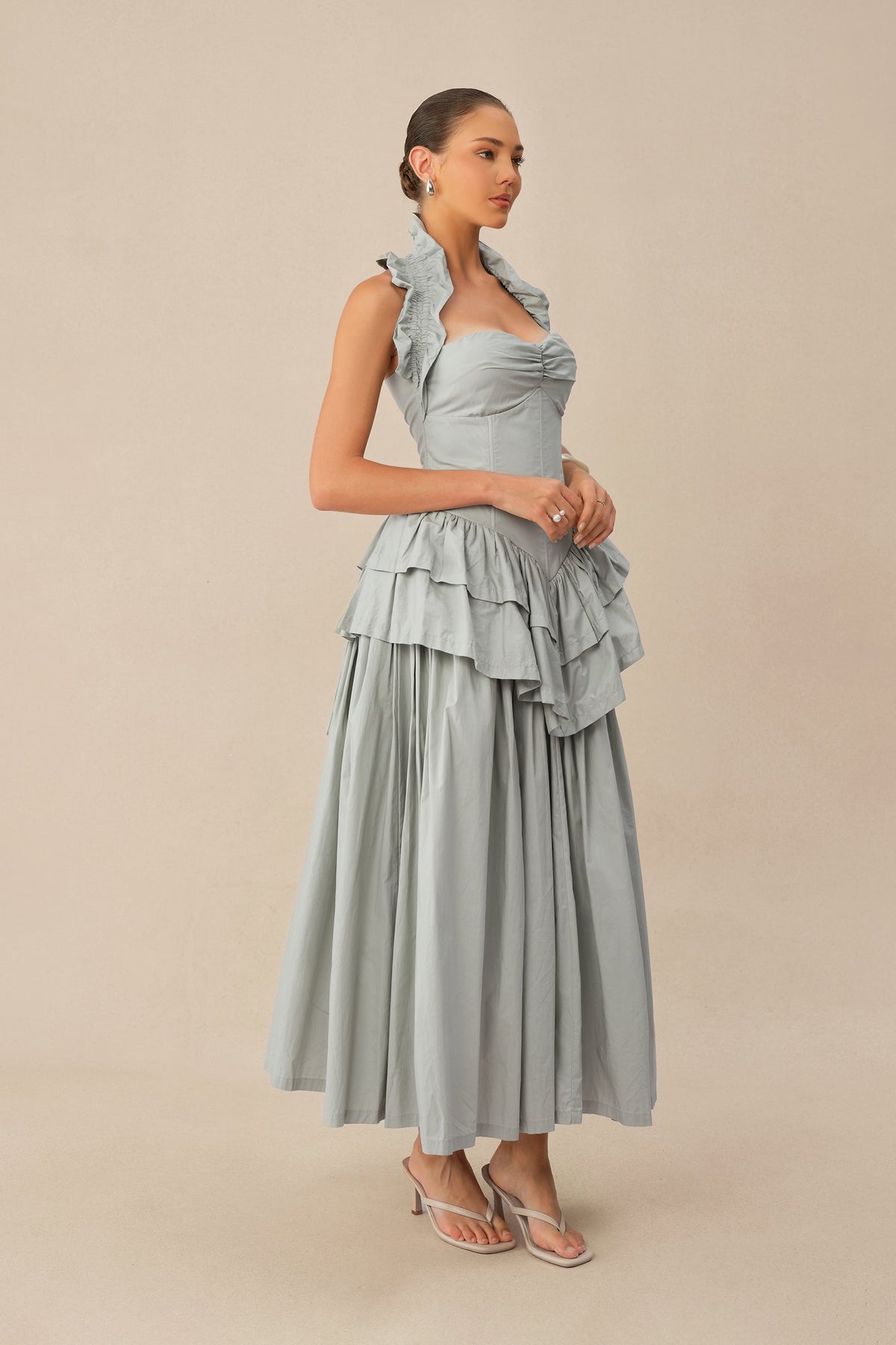 Blue Halter-Neck Tiered Ruffle Peplum Pleated Evening Midi Dress