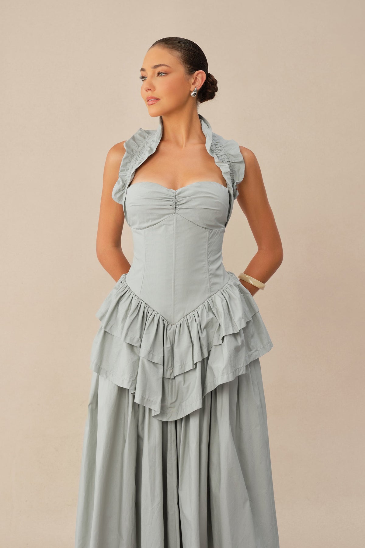 Blue Halter-Neck Tiered Ruffle Peplum Pleated Evening Midi Dress