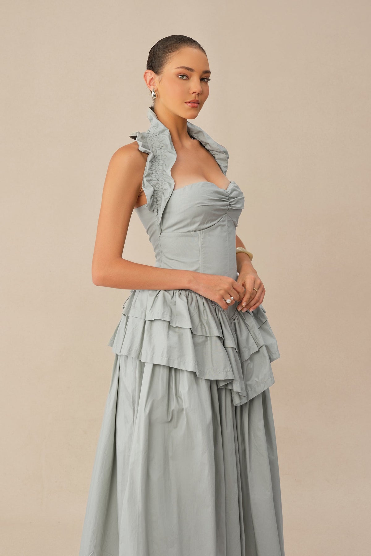 Blue Halter-Neck Tiered Ruffle Peplum Pleated Evening Midi Dress