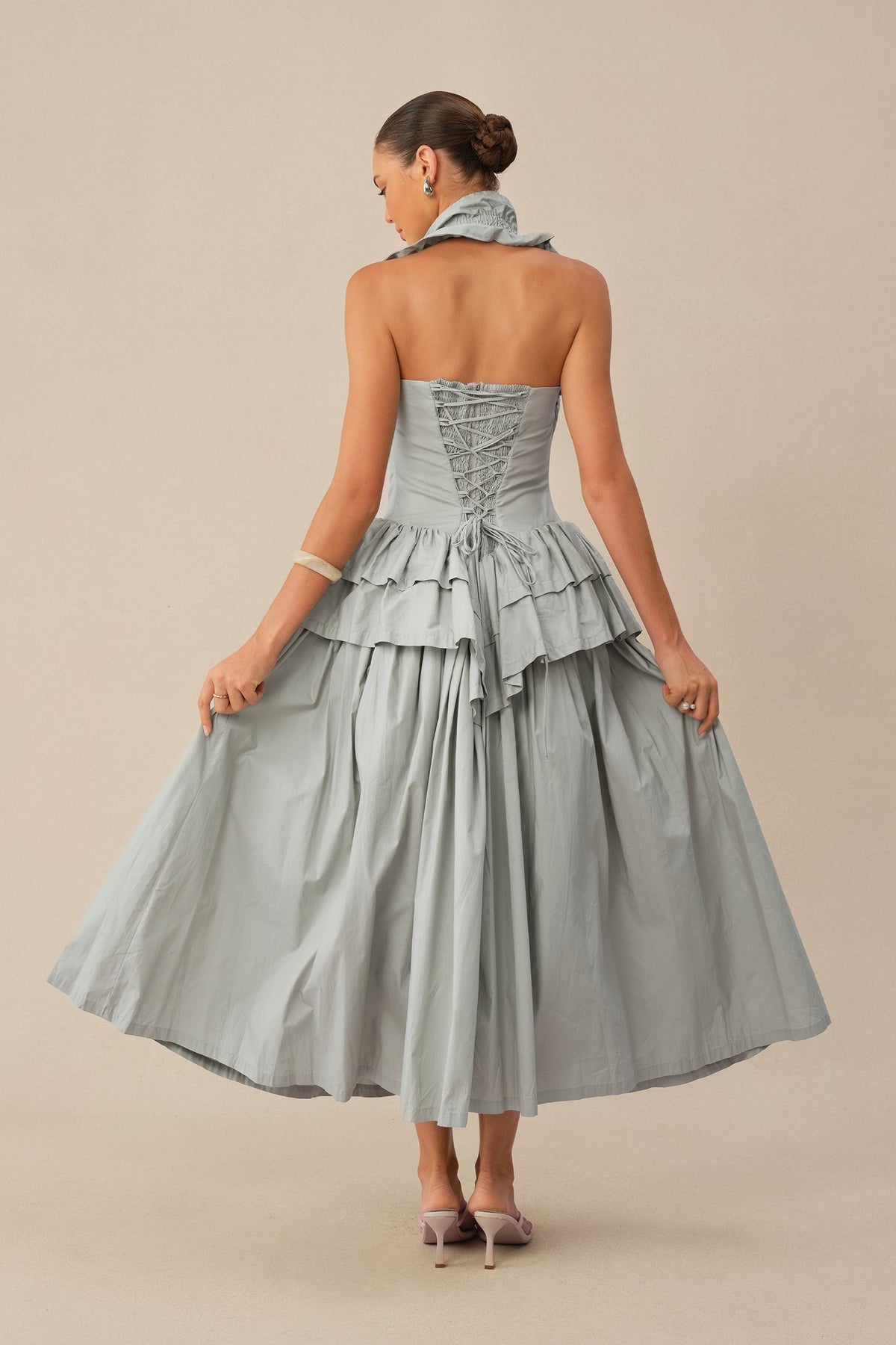 Blue Halter-Neck Tiered Ruffle Peplum Pleated Evening Midi Dress