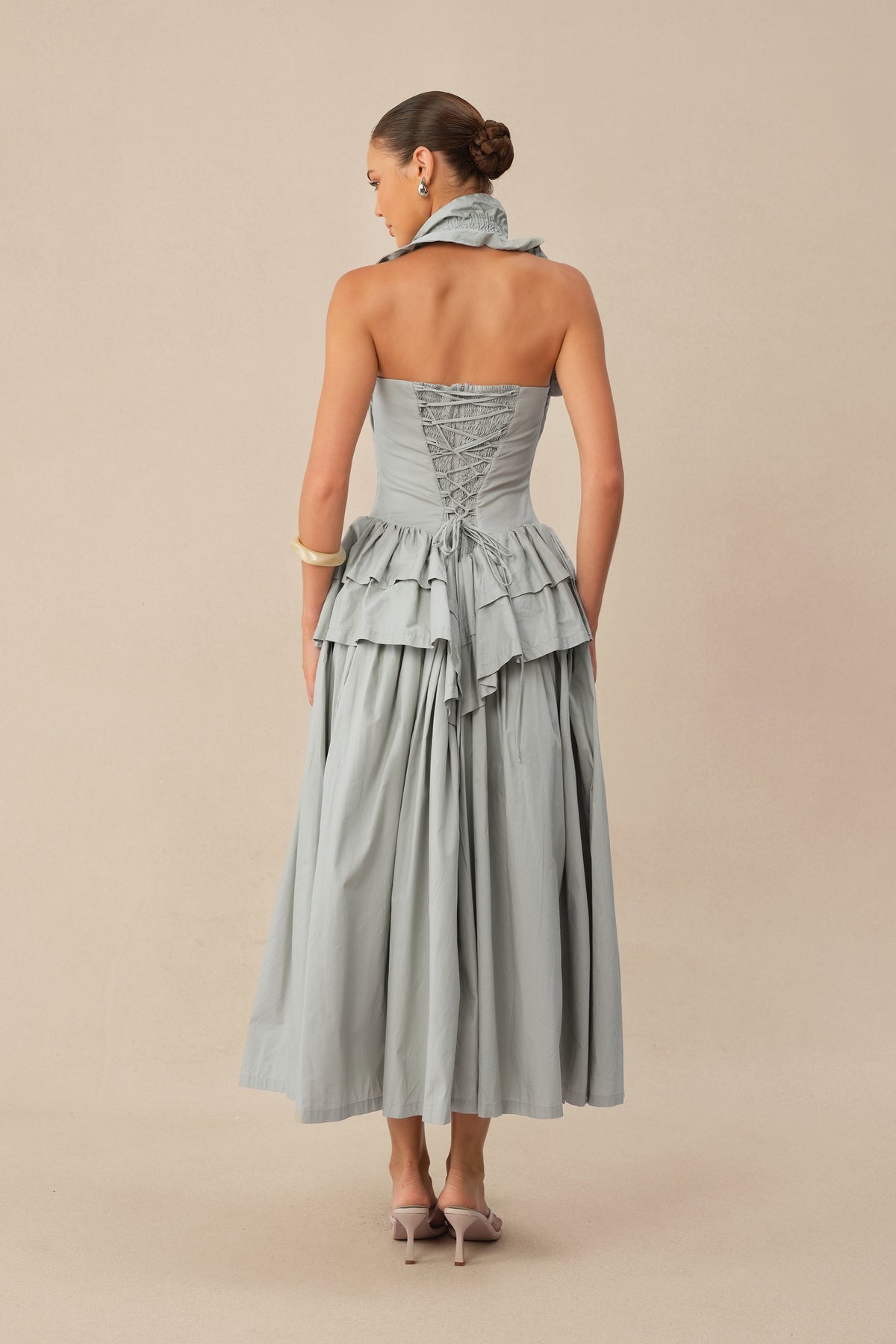 Blue Halter-Neck Tiered Ruffle Peplum Pleated Evening Midi Dress