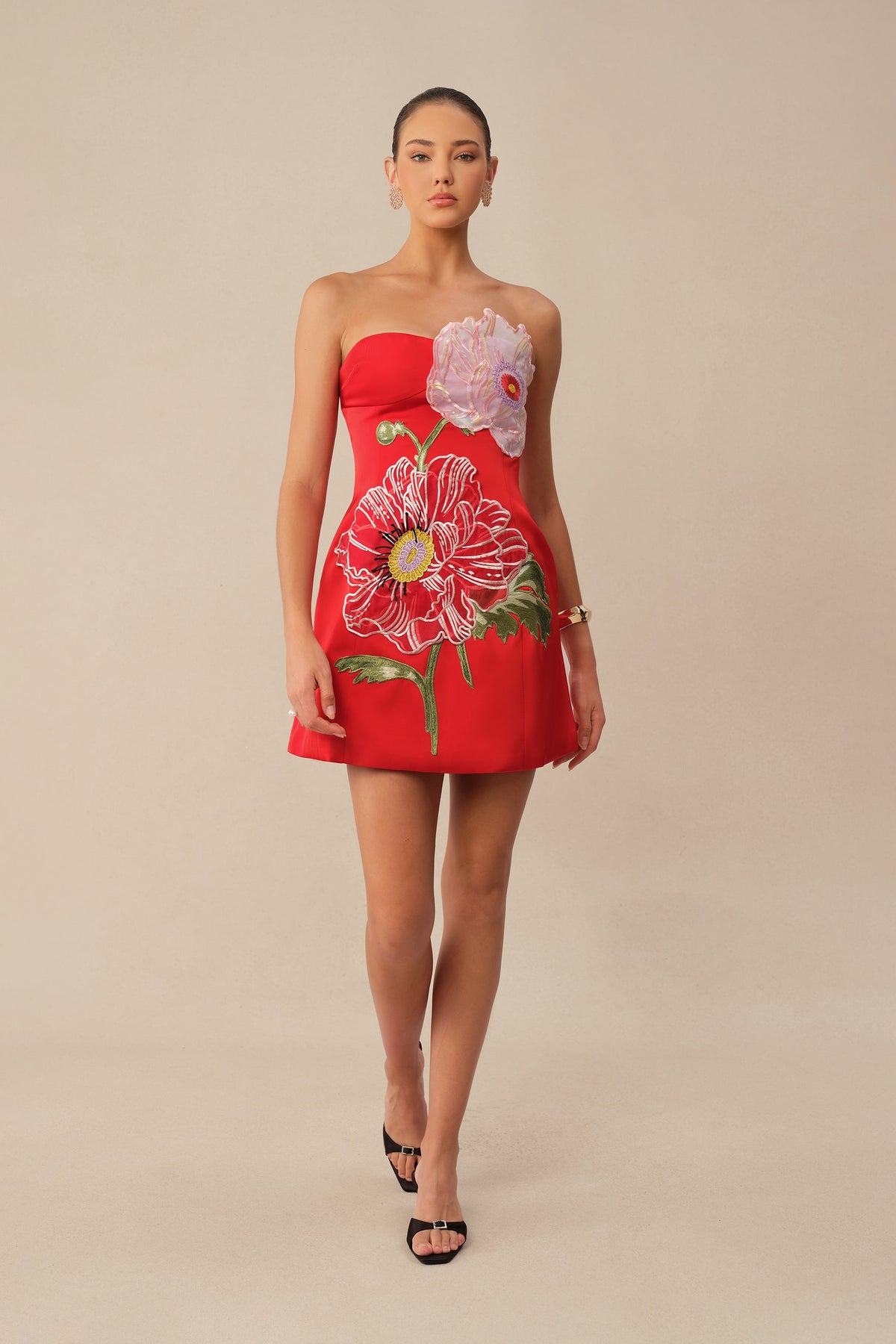 Red Satin 3D Floral Embroidered Appliqué Strapless Cocktail Mini Dress