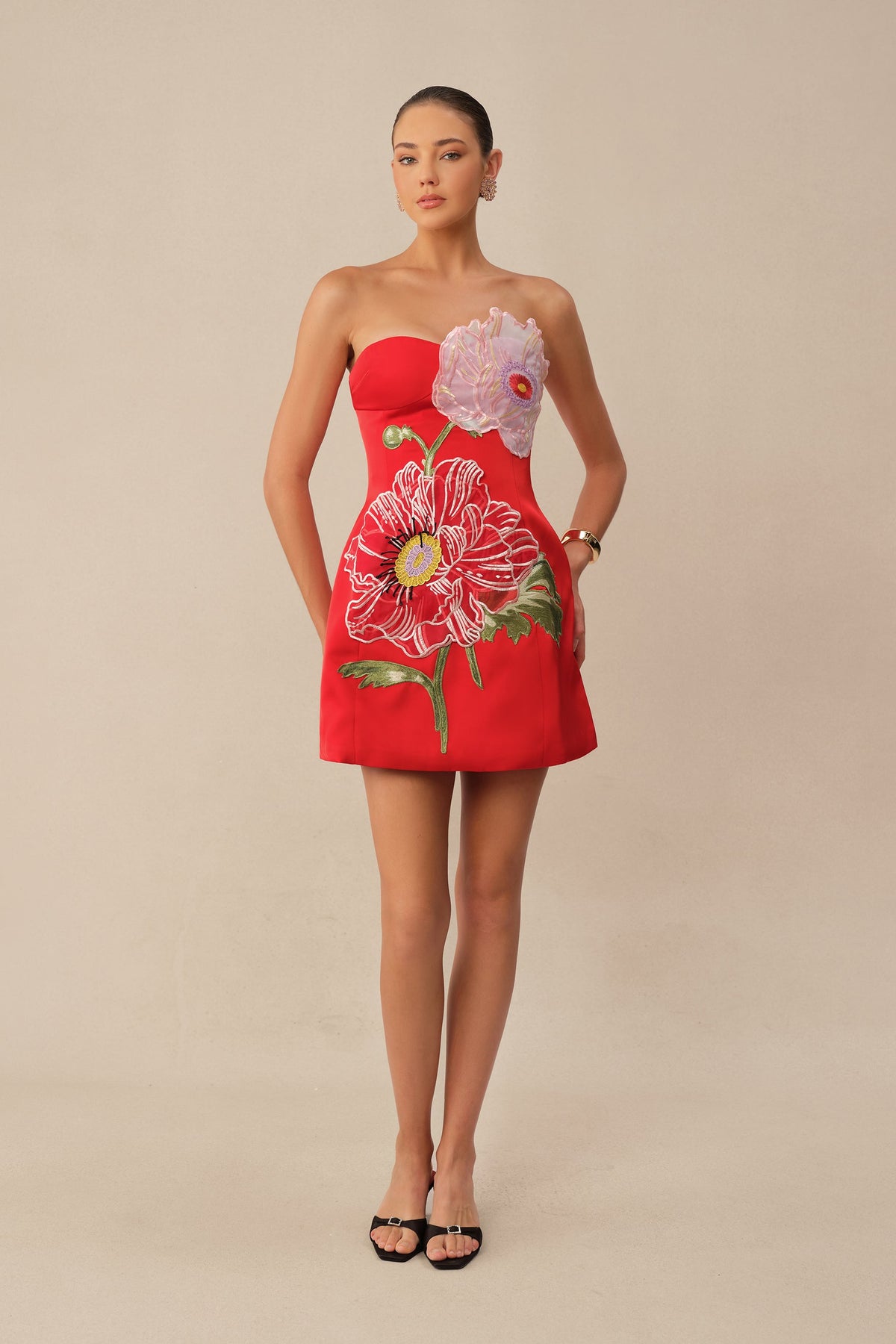 Red Satin 3D Floral Embroidered Appliqué Strapless Cocktail Mini Dress