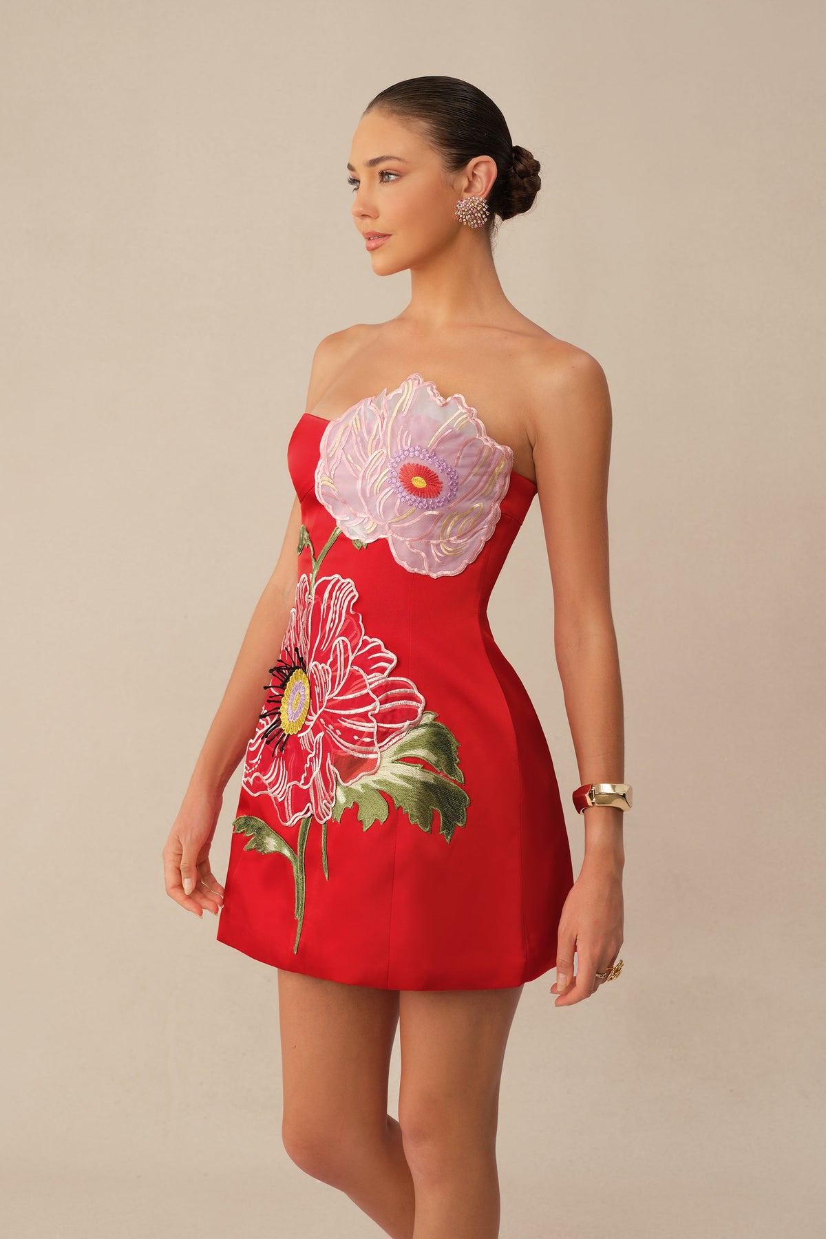 Red Satin 3D Floral Embroidered Appliqué Strapless Cocktail Mini Dress
