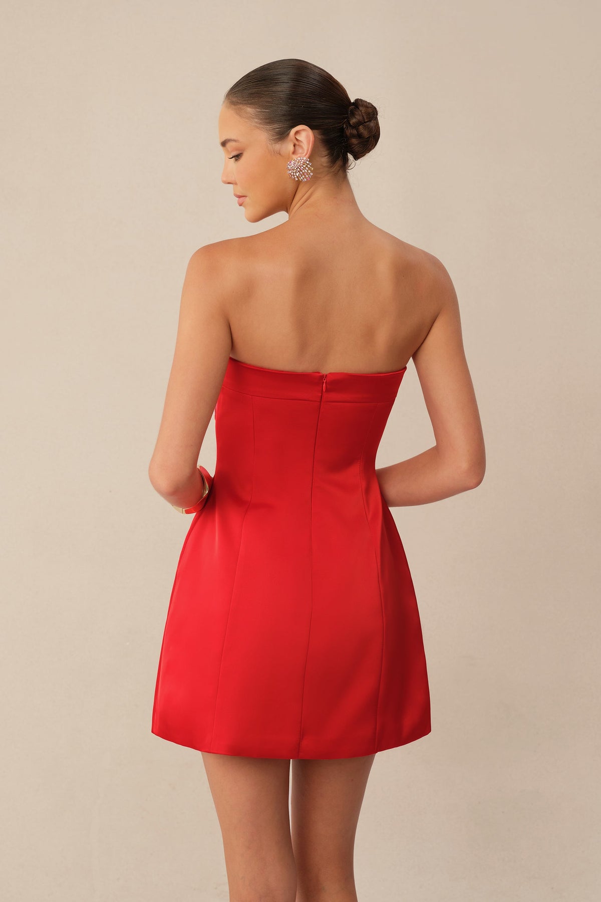 Red Satin 3D Floral Embroidered Appliqué Strapless Cocktail Mini Dress