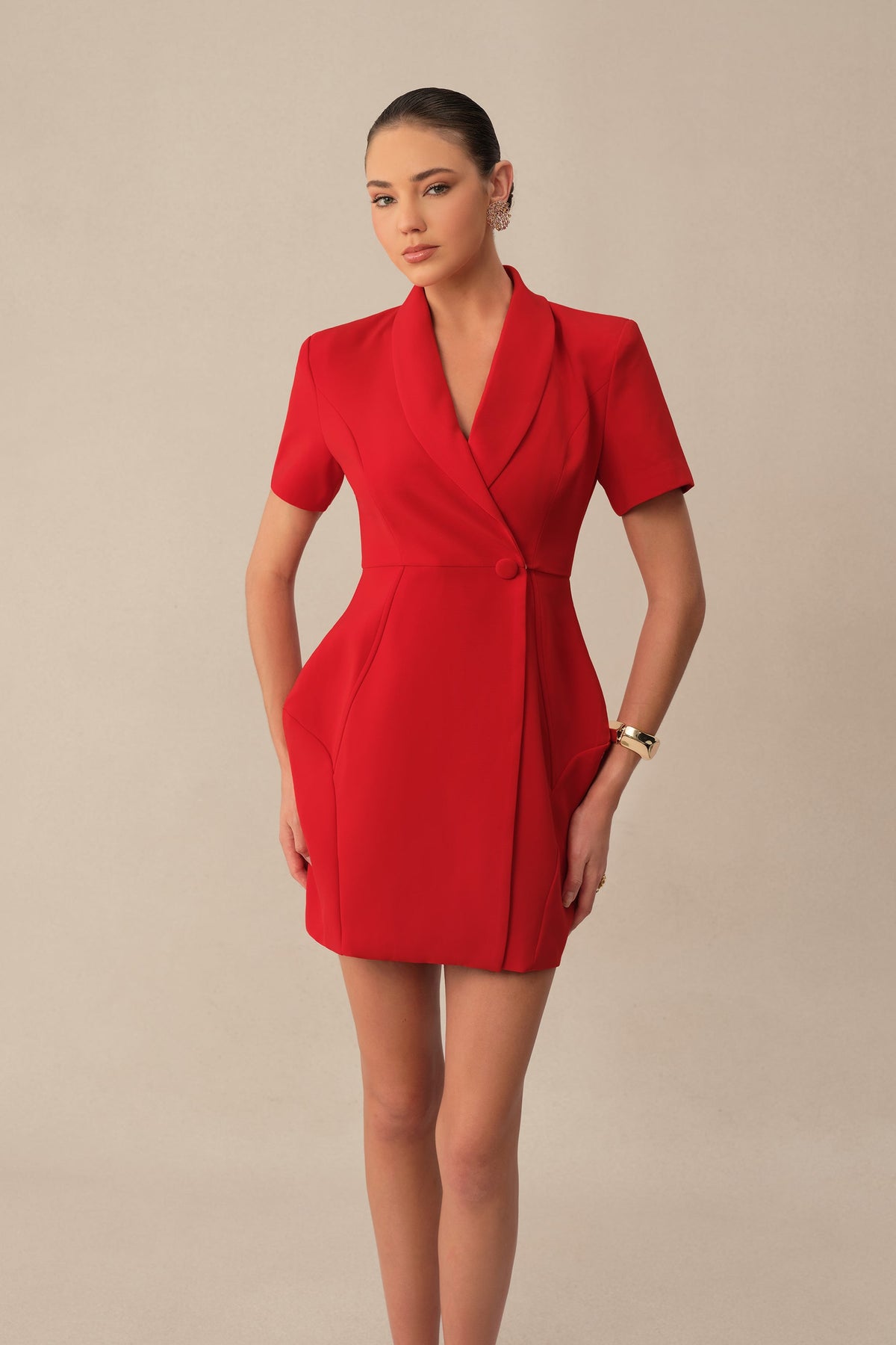 Red Shawl Collar Short-Sleeve Cocktail Mini Blazer Dress