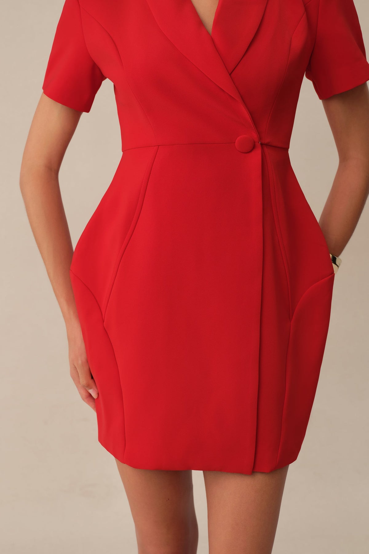 Red Shawl Collar Short-Sleeve Cocktail Mini Blazer Dress