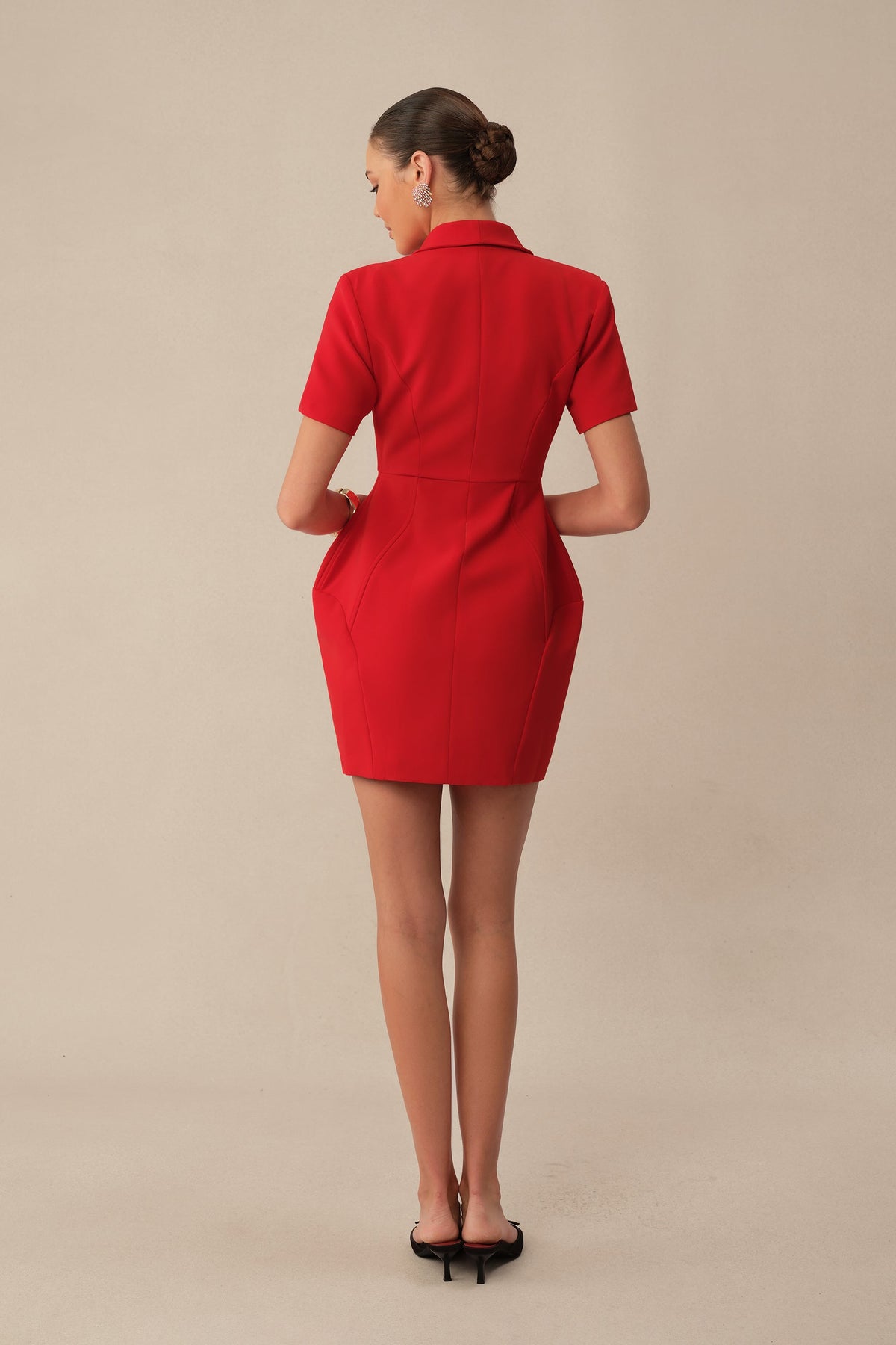 Red Shawl Collar Short-Sleeve Cocktail Mini Blazer Dress