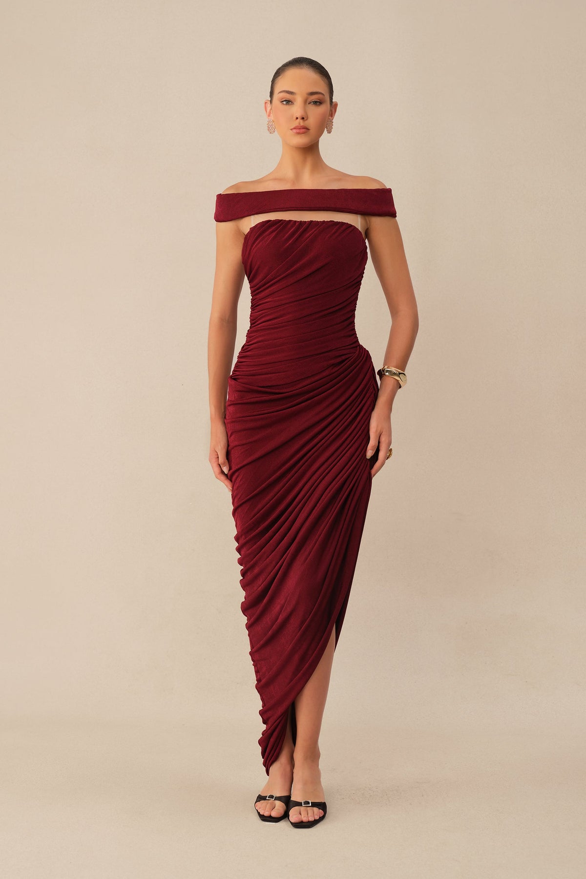 Burgundy Off-Shoulder Textured Knit Ruched Side Slit Maxi Dress