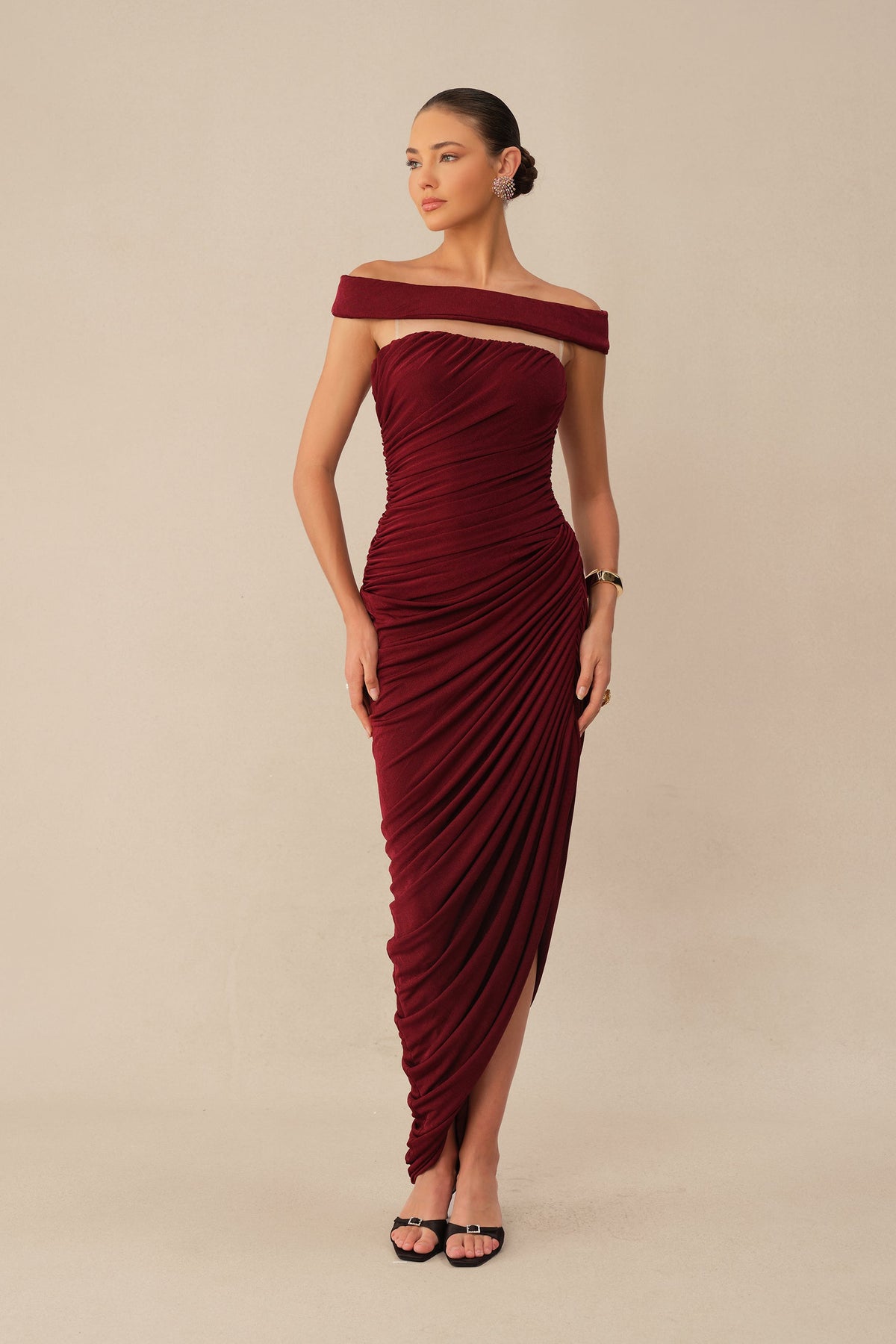 Burgundy Off-Shoulder Textured Knit Ruched Side Slit Maxi Dress