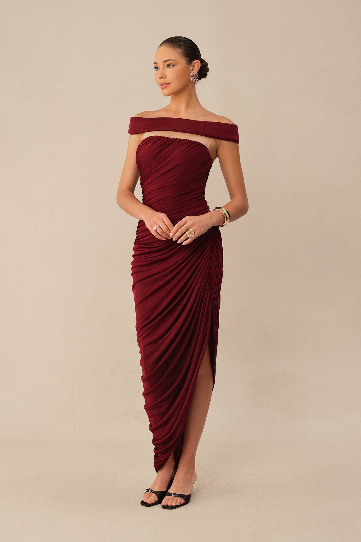 Burgundy Off-Shoulder Textured Knit Ruched Side Slit Maxi Dress