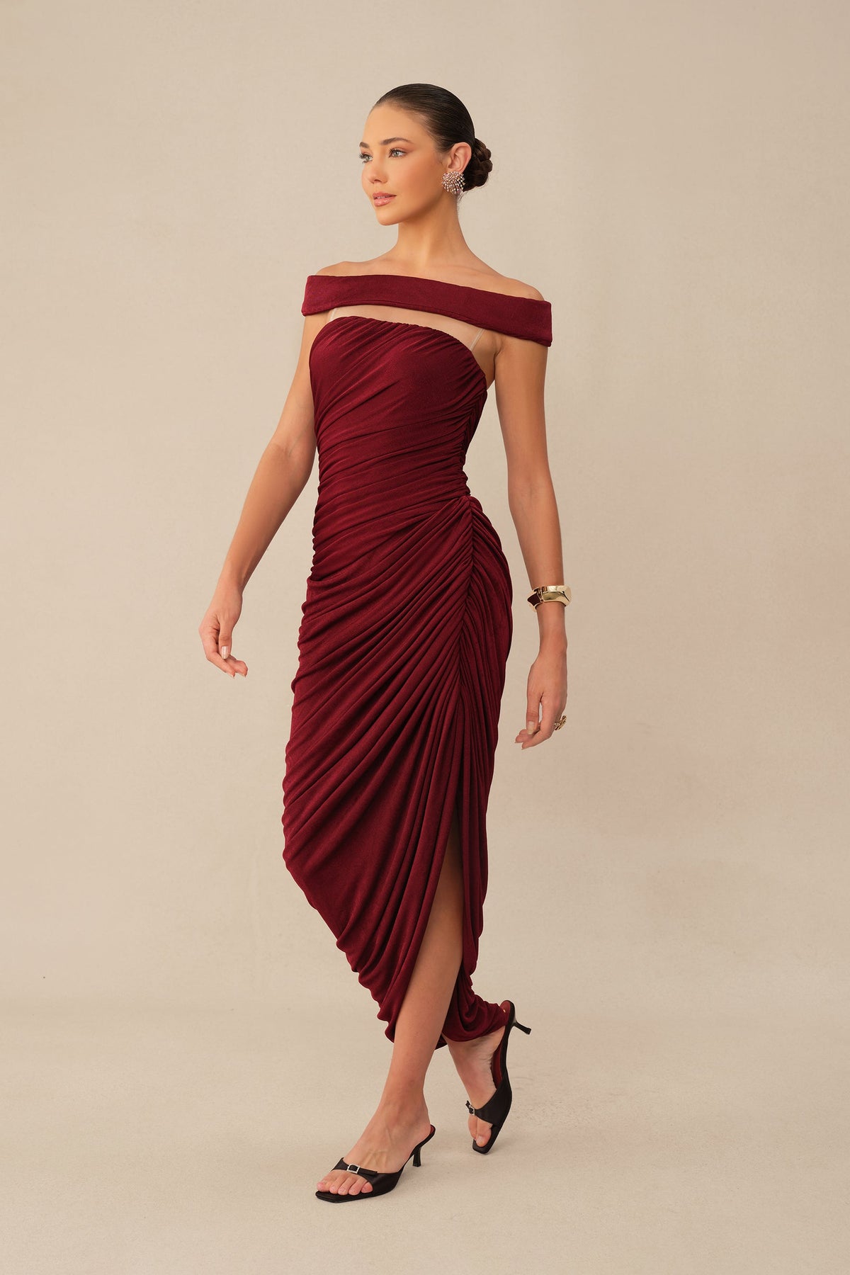 Burgundy Off-Shoulder Textured Knit Ruched Side Slit Maxi Dress
