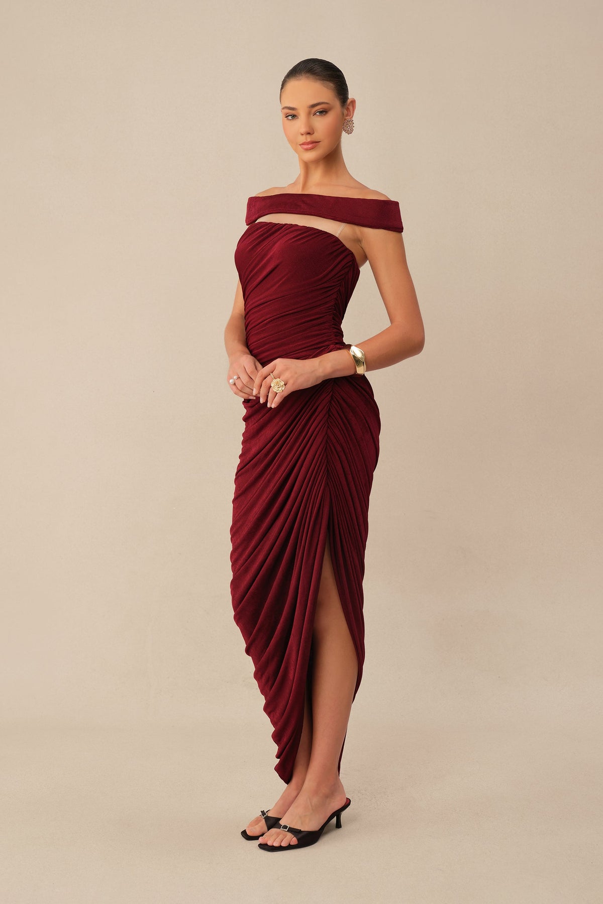 Burgundy Off-Shoulder Textured Knit Ruched Side Slit Maxi Dress