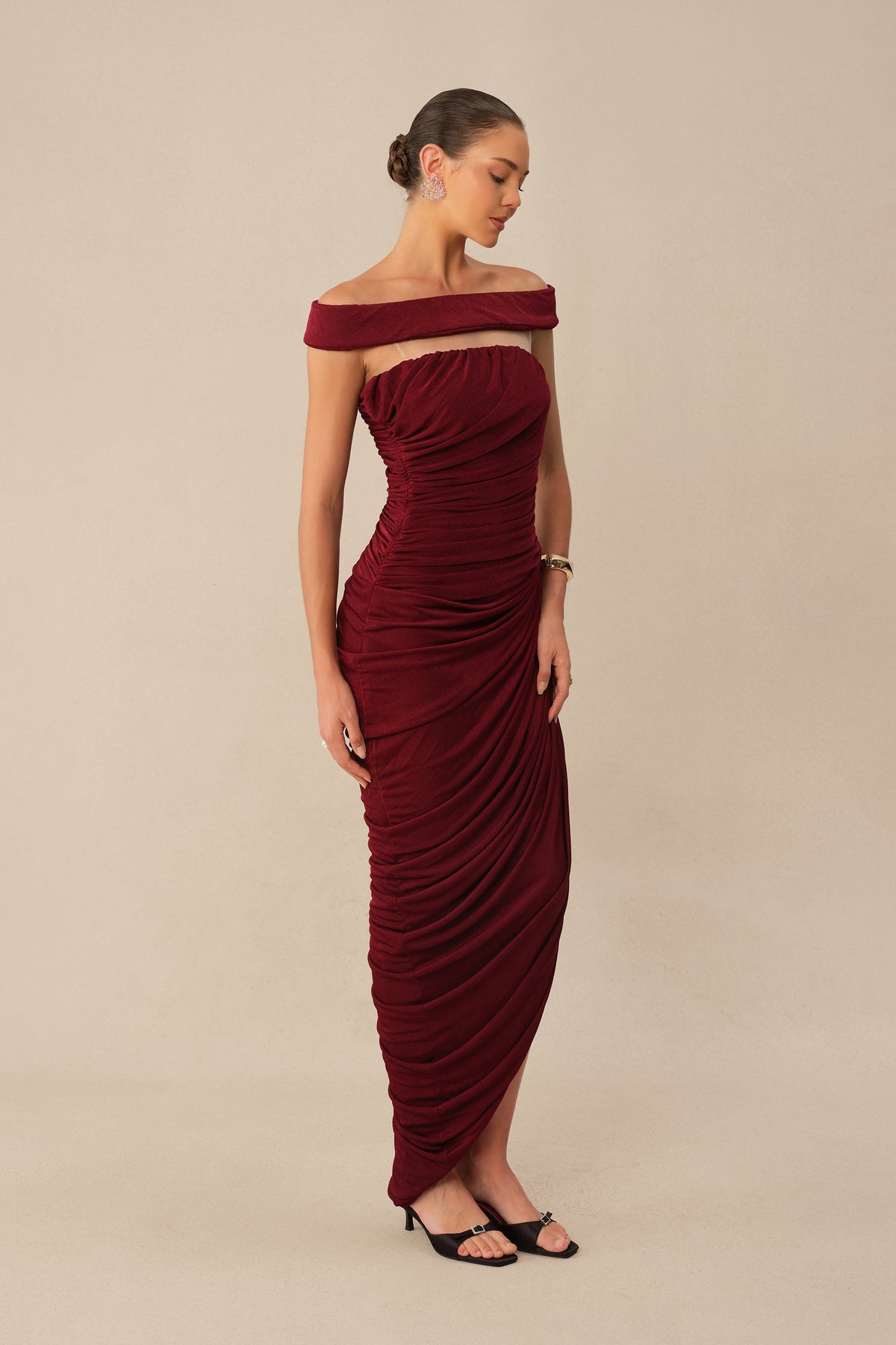 Burgundy Off-Shoulder Textured Knit Ruched Side Slit Maxi Dress