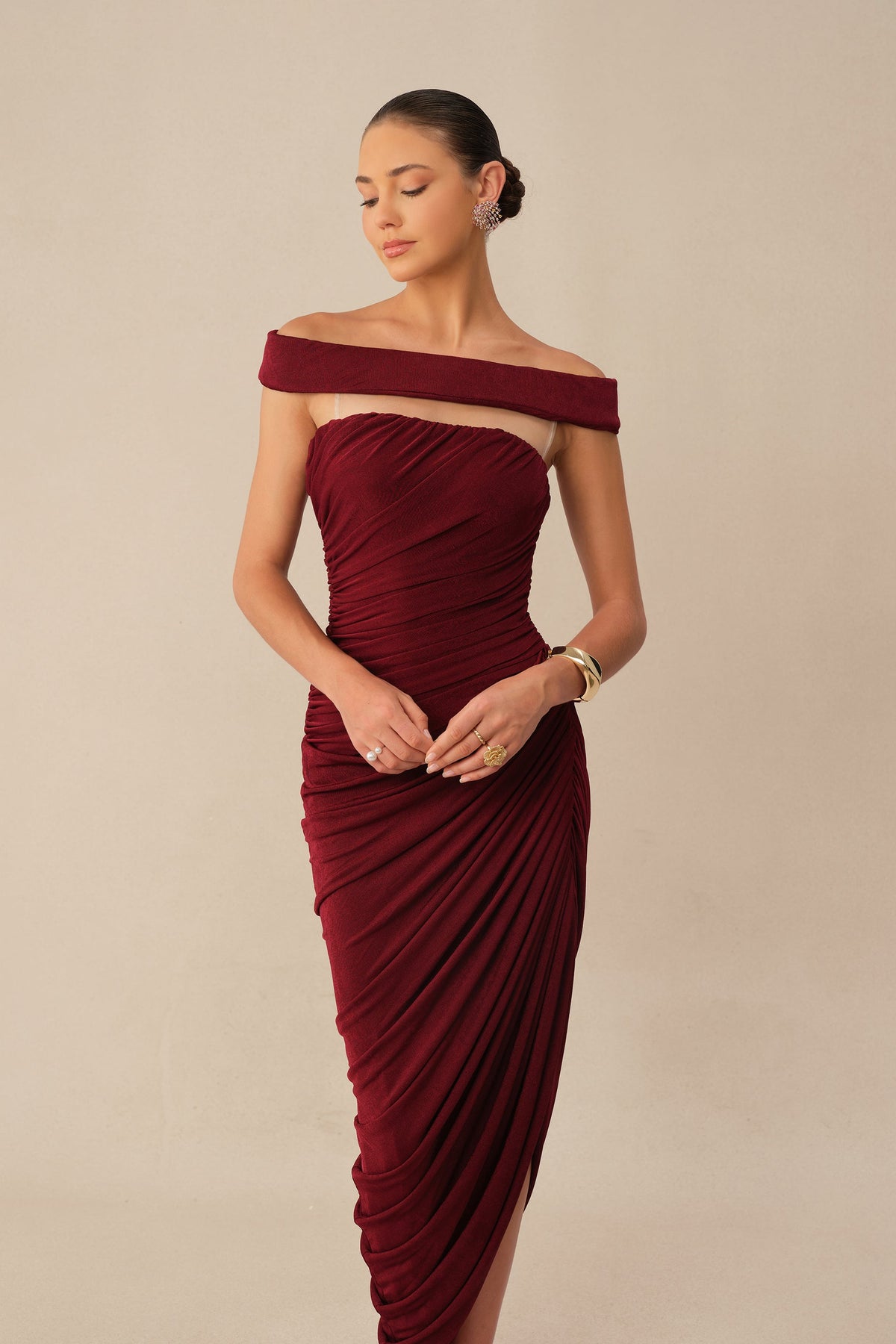Burgundy Off-Shoulder Textured Knit Ruched Side Slit Maxi Dress