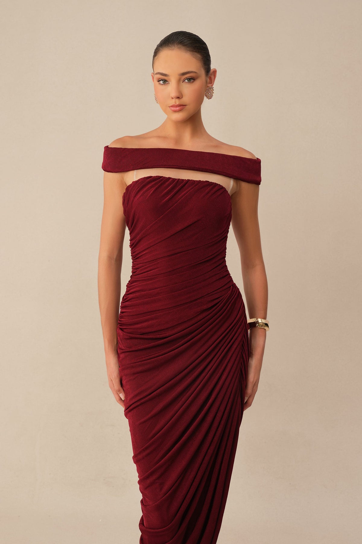 Burgundy Off-Shoulder Textured Knit Ruched Side Slit Maxi Dress