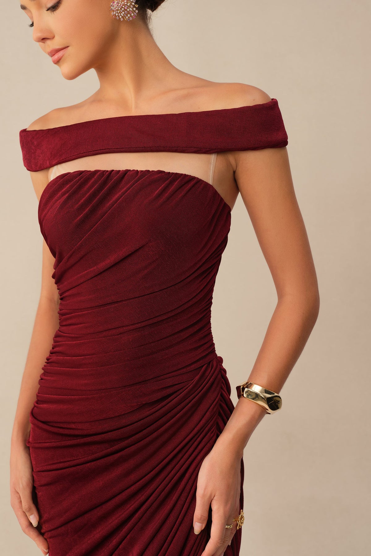 Burgundy Off-Shoulder Textured Knit Ruched Side Slit Maxi Dress