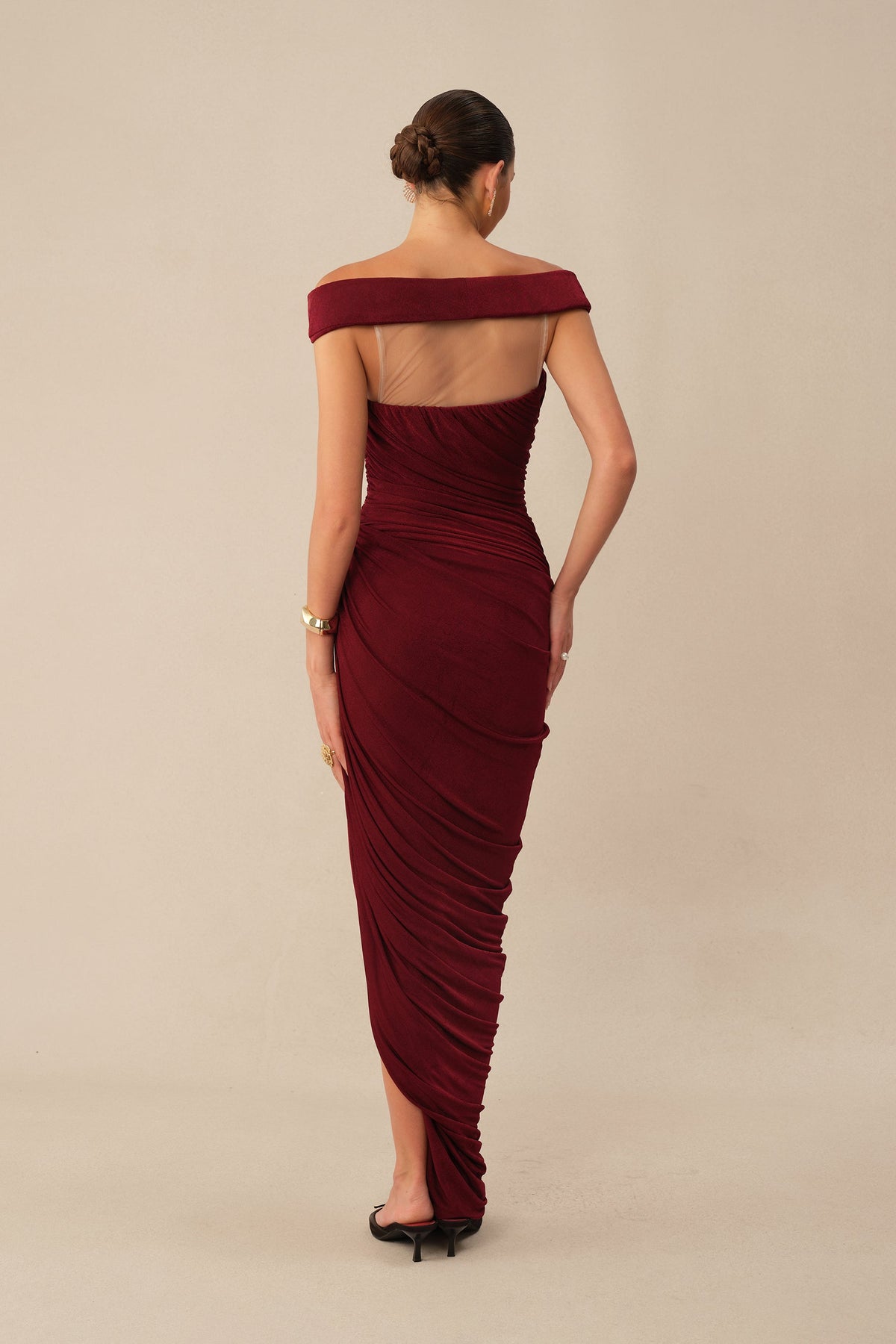 Burgundy Off-Shoulder Textured Knit Ruched Side Slit Maxi Dress