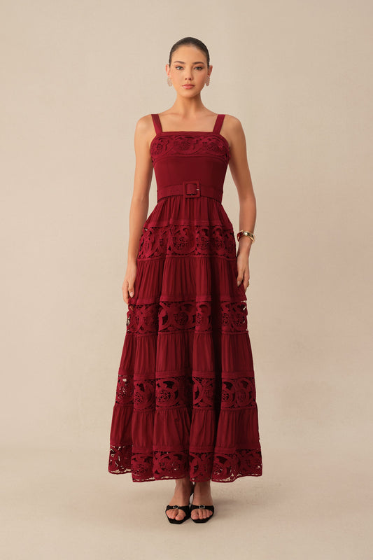 Burgundy Lace Embroidered Tiered Belted Square-Neck Maxi Dress