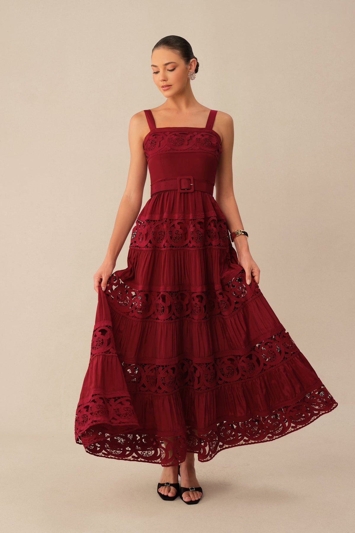 Burgundy Lace Embroidered Tiered Belted Square-Neck Maxi Dress