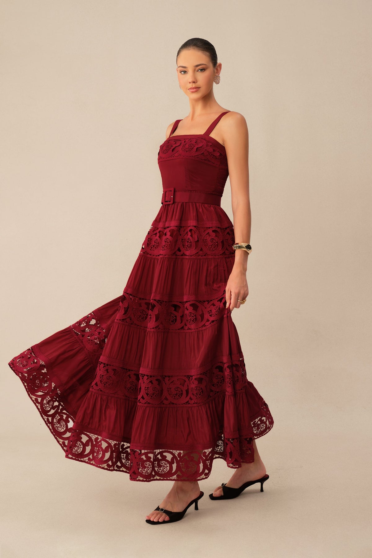 Burgundy Lace Embroidered Tiered Belted Square-Neck Maxi Dress
