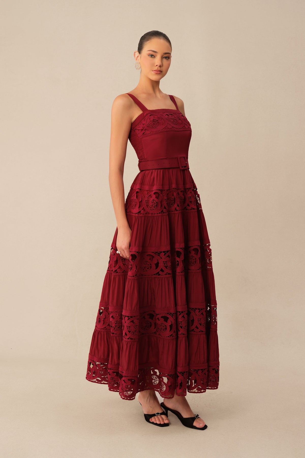 Burgundy Lace Embroidered Tiered Belted Square-Neck Maxi Dress
