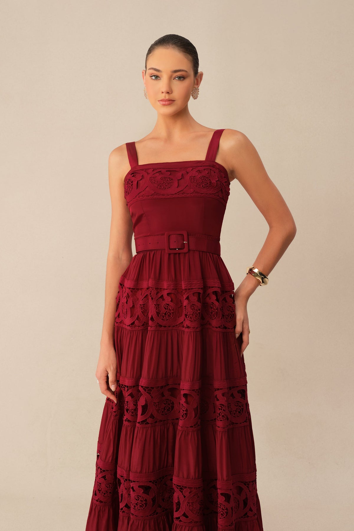 Burgundy Lace Embroidered Tiered Belted Square-Neck Maxi Dress