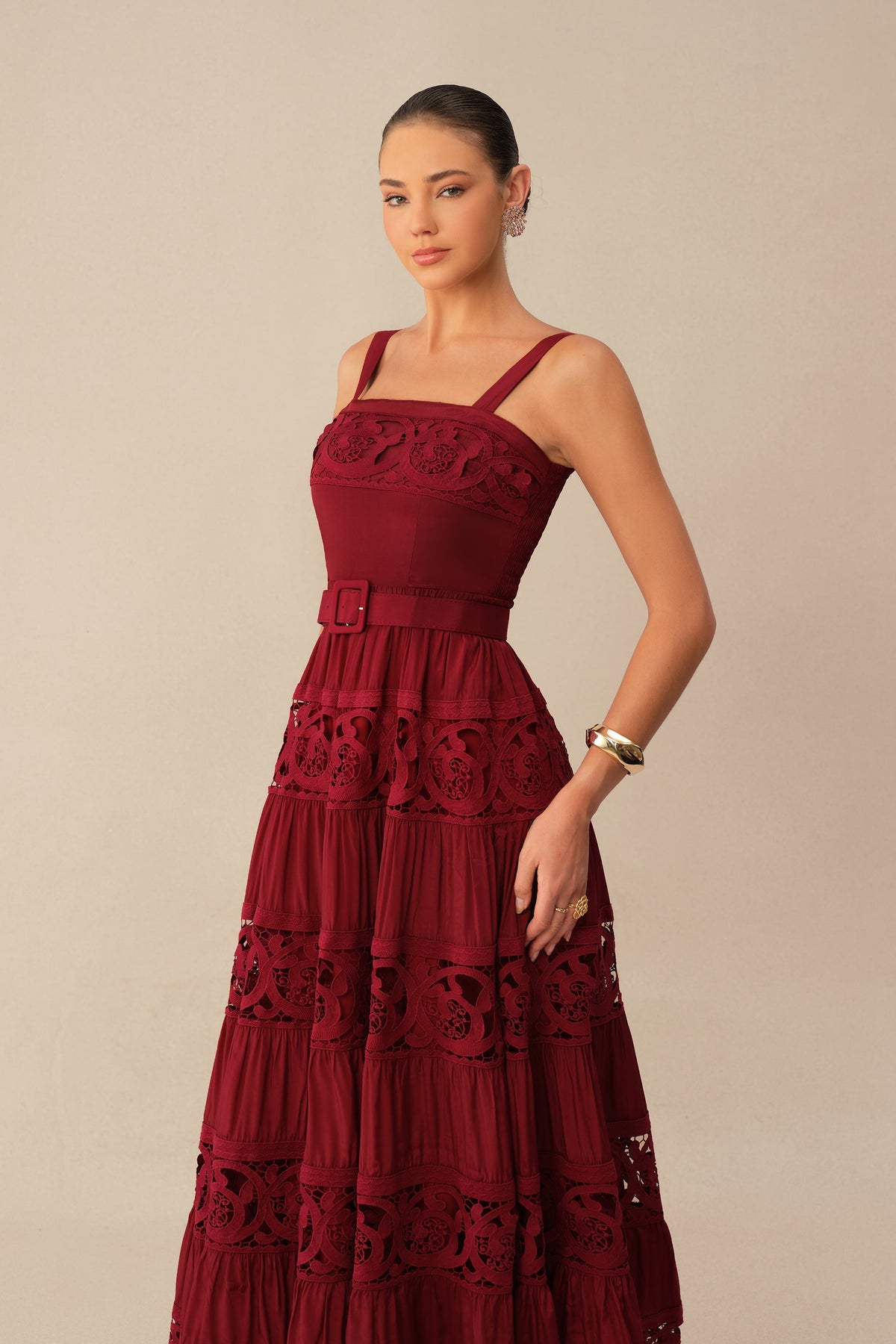 Burgundy Lace Embroidered Tiered Belted Square-Neck Maxi Dress