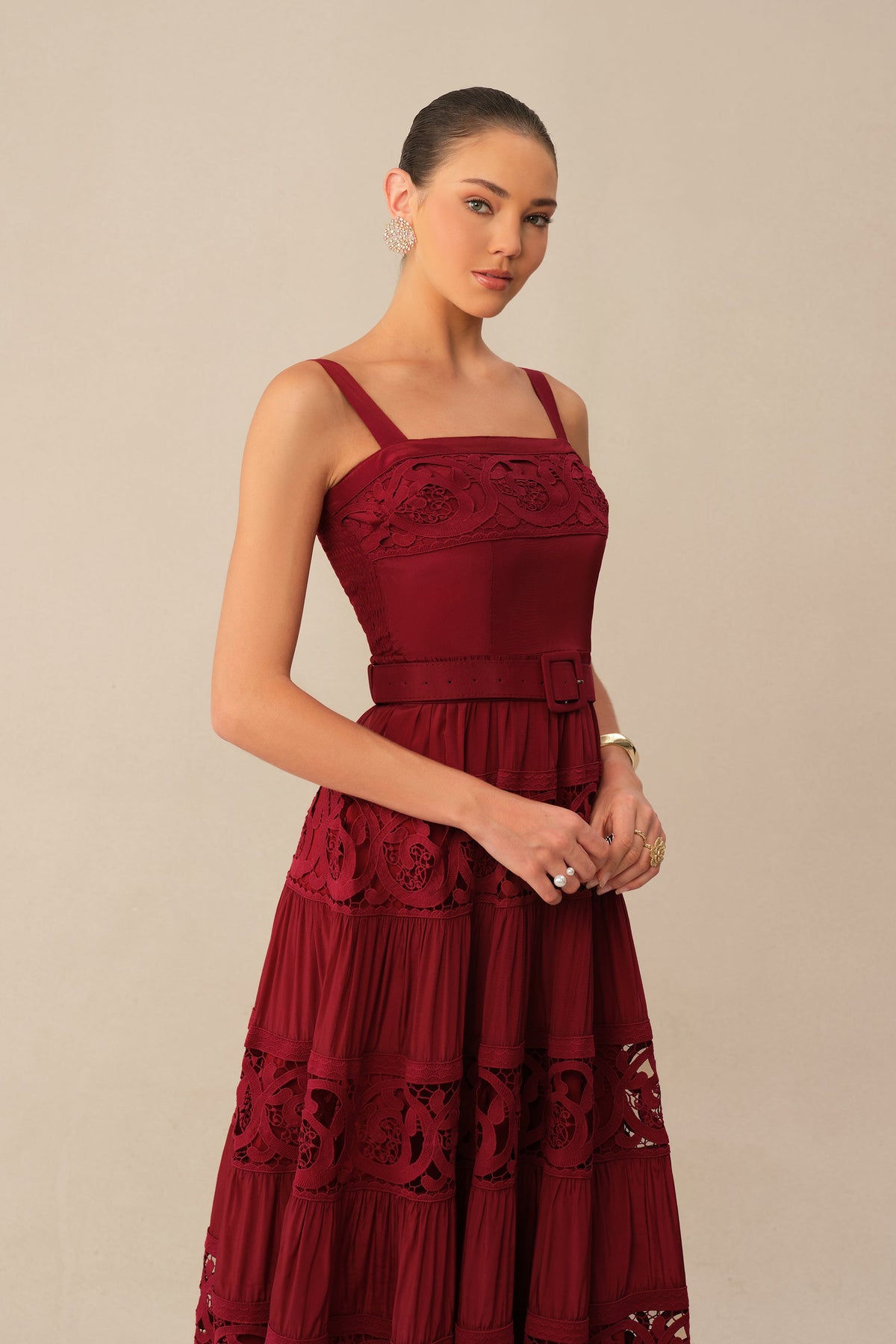Burgundy Lace Embroidered Tiered Belted Square-Neck Maxi Dress