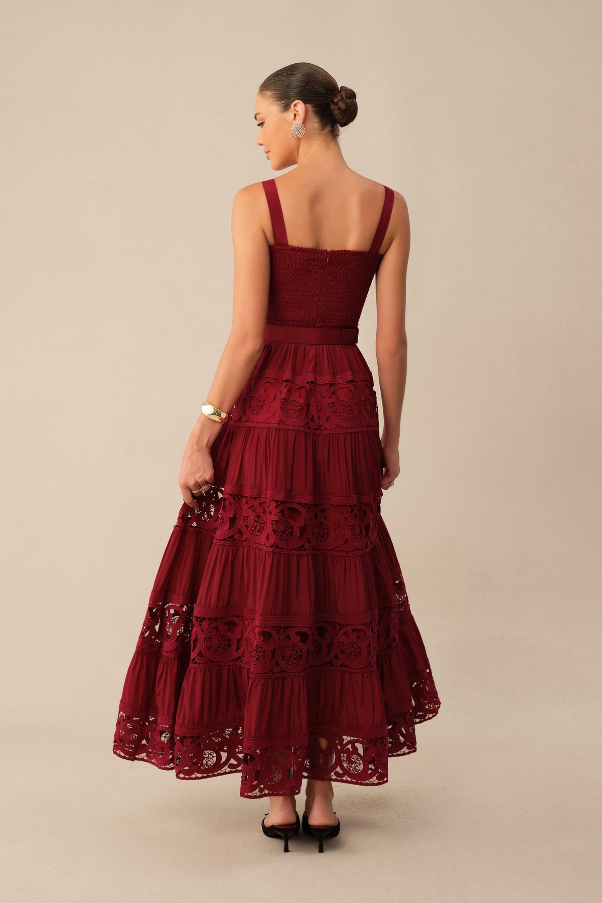Burgundy Lace Embroidered Tiered Belted Square-Neck Maxi Dress
