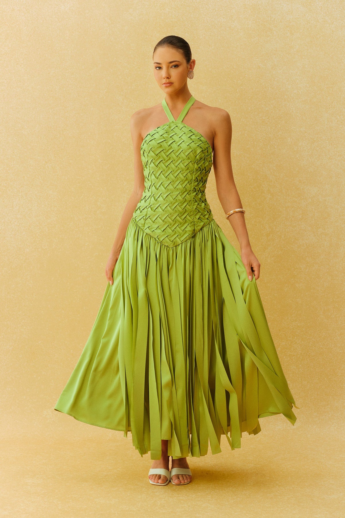 Green Satin Woven Bodice Fringe Halter-Neck Formal Maxi Dress
