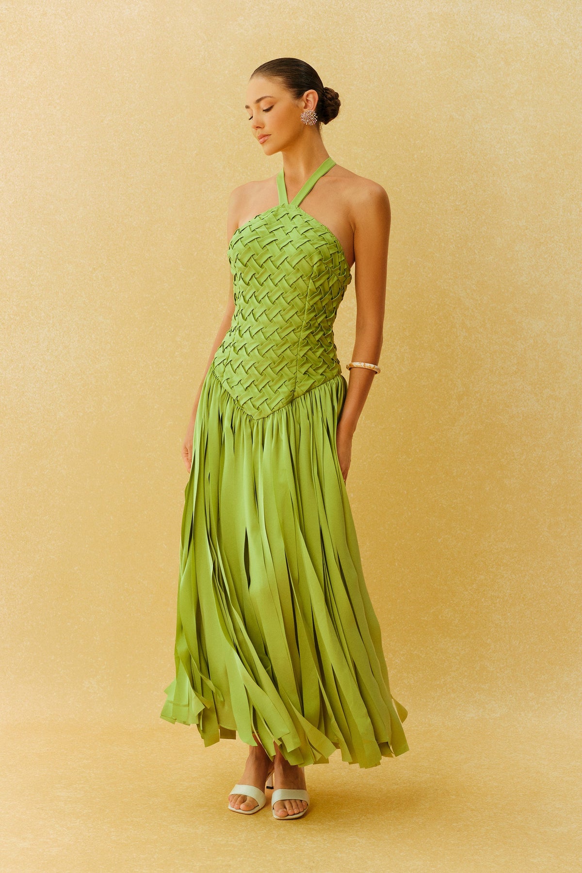 Green Satin Woven Bodice Fringe Halter-Neck Formal Maxi Dress